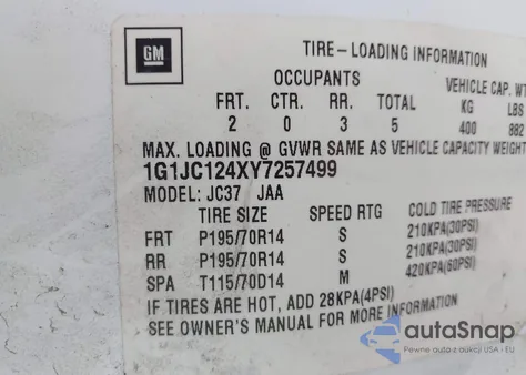 2000 Chevrolet Cavalier z USA, uszkodzony, nr VIN 1G1JC124XY7257499